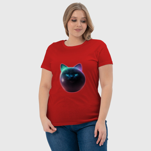 Женская футболка хлопок Неоновый кот-планета, цвет красный - фото 6