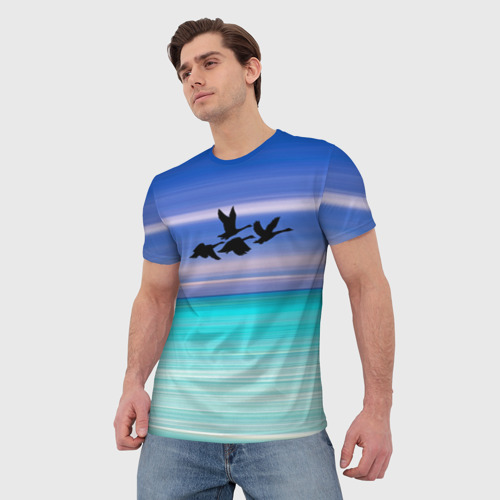 Мужская футболка 3D с принтом Летят лебеди, фото на моделе #1