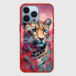 Чехол для iPhone 13 Pro Леопард на розовом фоне - нейросеть