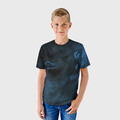 Детская футболка 3D с принтом Синий туман текстура от нейросети, фото на моделе #1