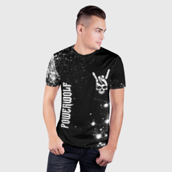 Мужская футболка 3D Slim Powerwolf и рок символ на темном фоне - фото 2