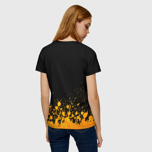 Женская футболка 3D с принтом System of a Down - gold gradient: символ сверху, вид сзади #2