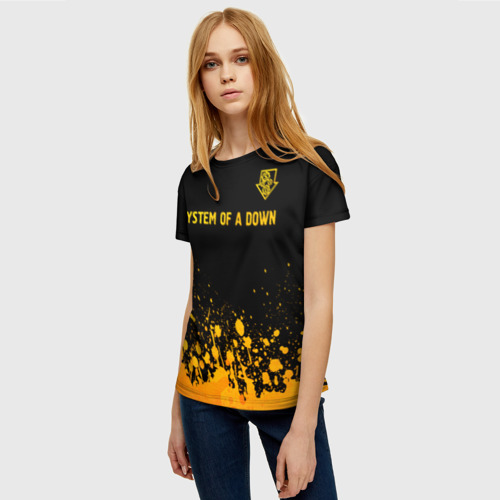 Женская футболка 3D с принтом System of a Down - gold gradient: символ сверху, фото на моделе #1