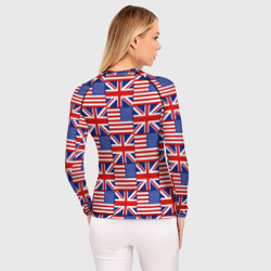 Рашгард с принтом Флаги США и Англии для женщины, вид на модели сзади №2. Цвет основы: белый