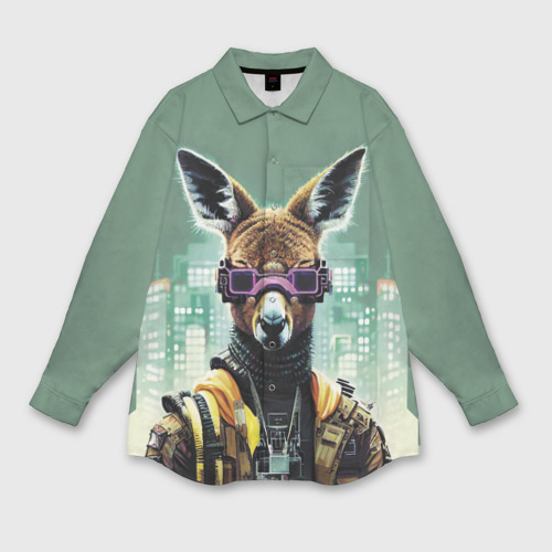 Женская рубашка оверсайз с принтом Cool kangaroo - cyberpunk, вид спереди №1