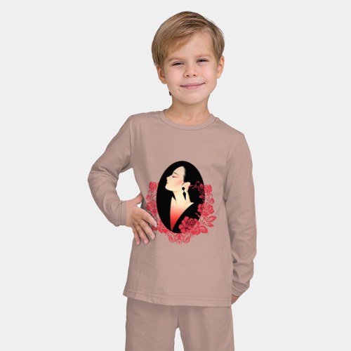 Детская пижама с лонгсливом хлопок с принтом Японка с розами, фото на моделе #1