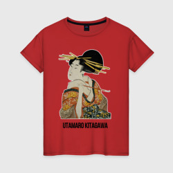 Женская футболка хлопок Утамаро Китагава - картина Гейша с трубкой