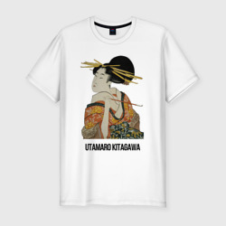 Мужская футболка хлопок Slim Утамаро Китагава - картина Гейша с трубкой