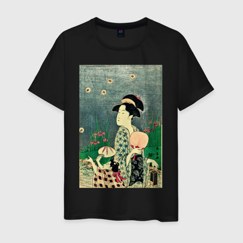 Мужская футболка хлопок Утамаро Китагава - гравюра Ловля светлячков, цвет черный