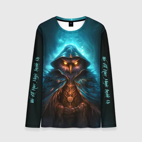 Мужской лонгслив 3D с принтом Сова в колдовской мантии, вид спереди #2