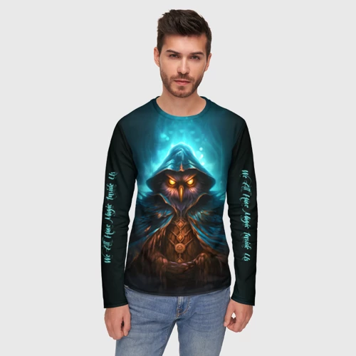 Мужской лонгслив 3D с принтом Сова в колдовской мантии, фото на моделе #1