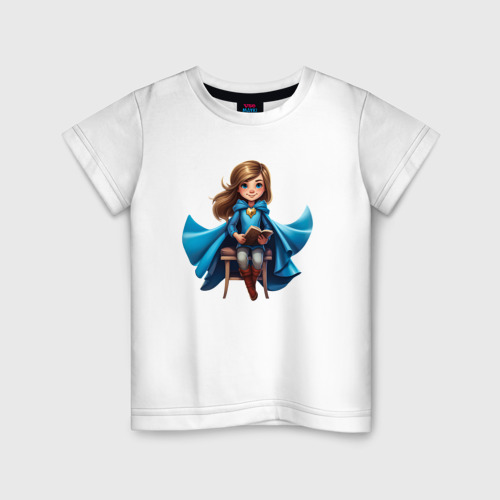 Детская футболка из хлопка с принтом Девочка герой, вид спереди №1