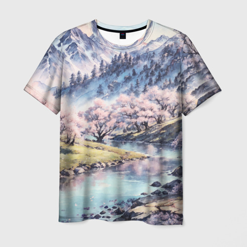 Мужская футболка с принтом Цветущие деревья сакуры у реки в горной долине, вид спереди №1