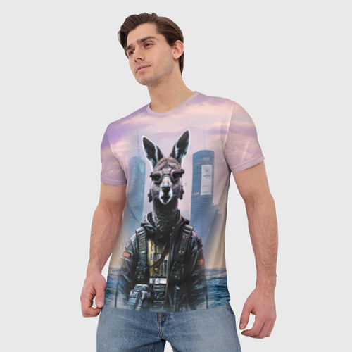 Мужская футболка 3D Кенгуру в стиле Киберпанк на фоне мегаполиса, цвет 3D печать - фото 3