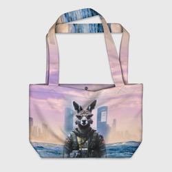 Пляжная сумка 3D Кенгуру в стиле Киберпанк на фоне мегаполиса