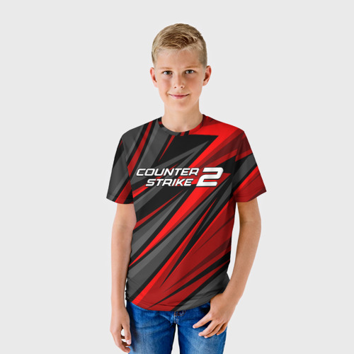 Детская футболка 3D с принтом Counter Strike 2 - красный спортивный, фото на моделе #1