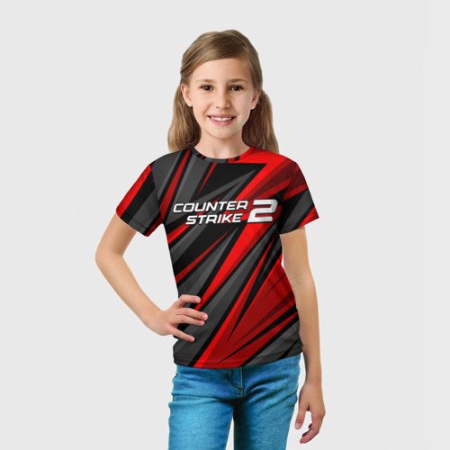 Детская футболка 3D с принтом Counter Strike 2 - красный спортивный, вид сбоку #3