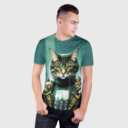 Мужская футболка 3D Slim Funny cat on the background of skyscrapers - фото 2