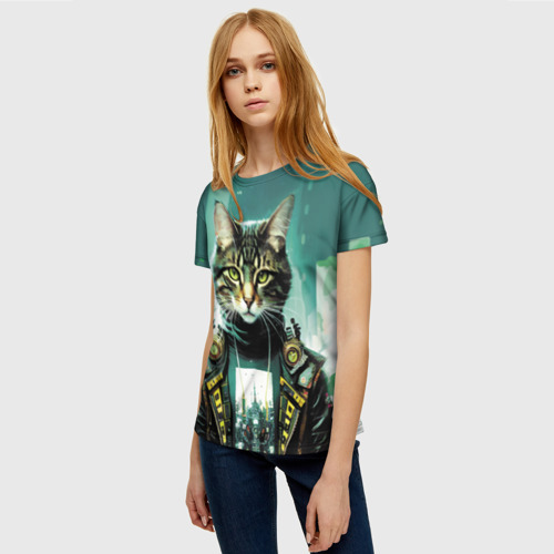 Женская футболка 3D Funny cat on the background of skyscrapers, цвет 3D печать - фото 3