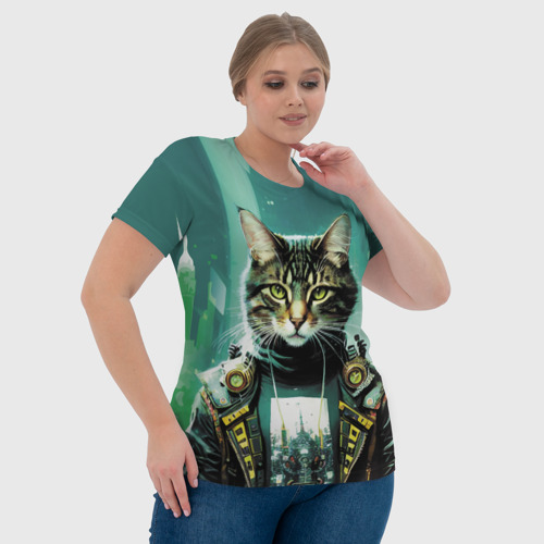 Женская футболка 3D Funny cat on the background of skyscrapers, цвет 3D печать - фото 6
