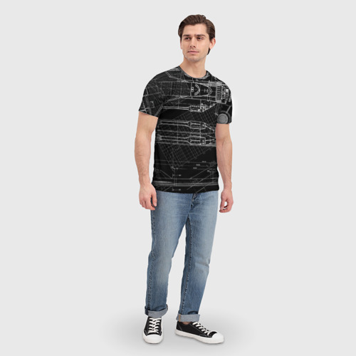 Мужская футболка 3D с принтом Чертеж ракеты на чёрном фоне, вид сбоку #3