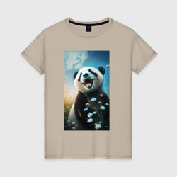Женская футболка хлопок Панда с цветочками