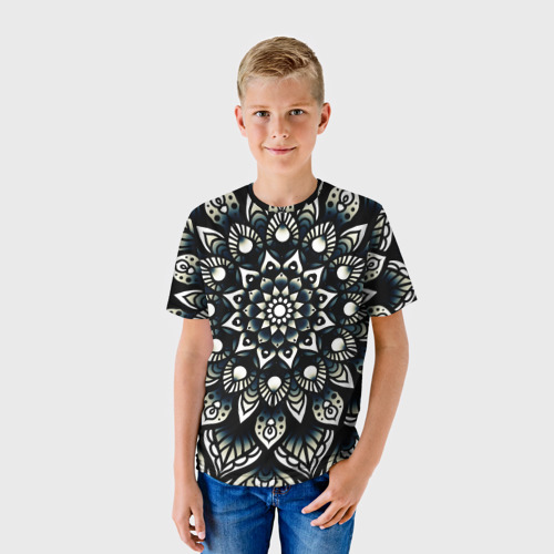 Детская футболка 3D с принтом Мандала чёрно-белая, фото на моделе #1