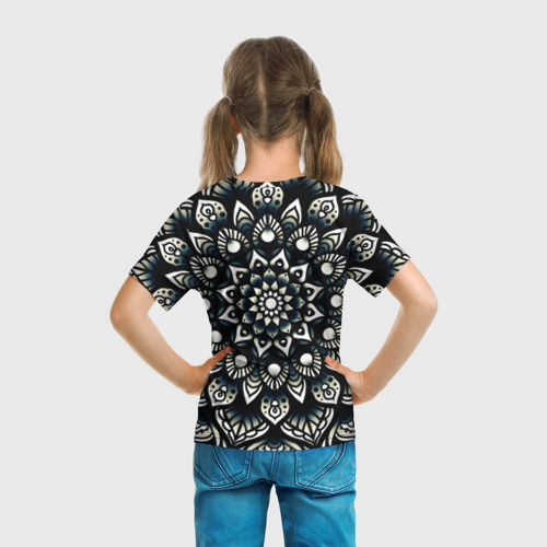 Детская футболка 3D с принтом Мандала чёрно-белая, вид сзади #2