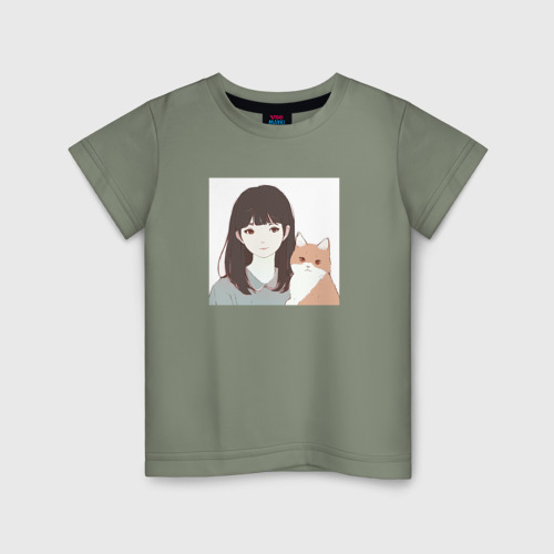 Детская футболка хлопок Девушка с котом, цвет авокадо