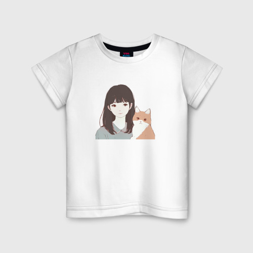 Детская футболка из хлопка с принтом Девушка с котом, вид спереди №1