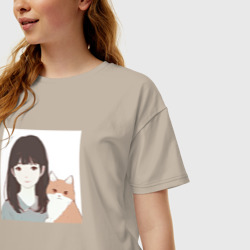Женская футболка хлопок Oversize Девушка с котом - фото 2
