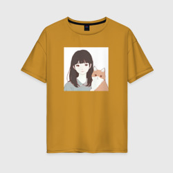 Женская футболка хлопок Oversize Девушка с котом