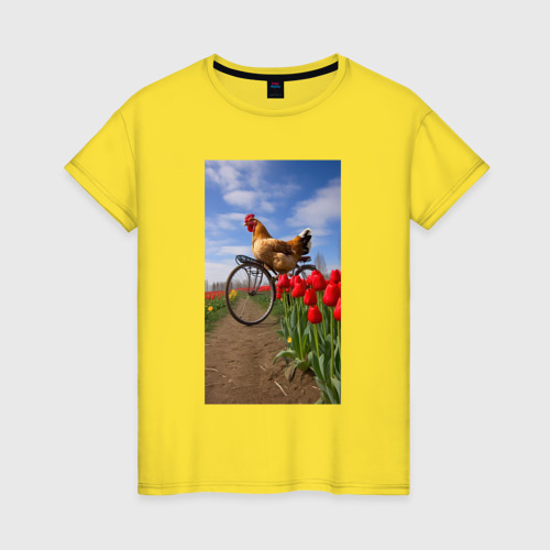 Женская футболка хлопок с принтом Петух на велосипеде, вид спереди #2