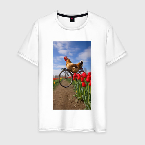 Мужская футболка из хлопка с принтом Петух на велосипеде, вид спереди №1