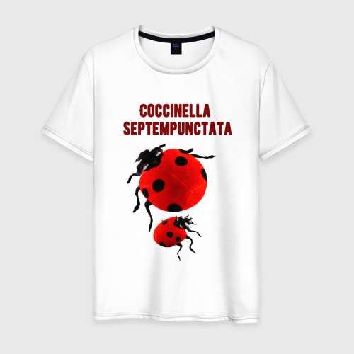 Мужская футболка из хлопка с принтом Coccinella septempunctata Божья коровка, вид спереди №1