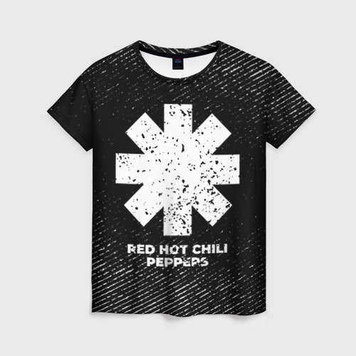 Женская футболка 3D с принтом Red Hot Chili Peppers с потертостями на темном фоне, вид спереди #2