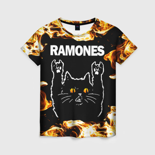 Женская футболка 3D с принтом Ramones рок кот и огонь, вид спереди #2