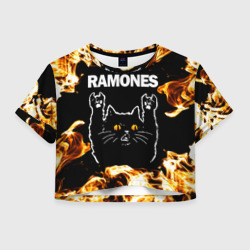 Женская футболка Crop-top 3D Ramones рок кот и огонь