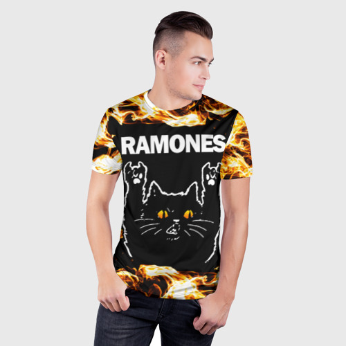 Мужская футболка 3D Slim Ramones рок кот и огонь, цвет 3D печать - фото 3