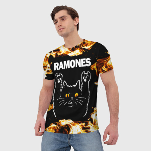 Мужская футболка 3D Ramones рок кот и огонь, цвет 3D печать - фото 3