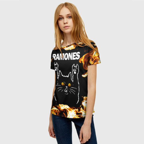 Женская футболка 3D с принтом Ramones рок кот и огонь, фото на моделе #1