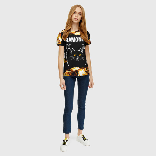 Женская футболка 3D с принтом Ramones рок кот и огонь, вид сбоку #3