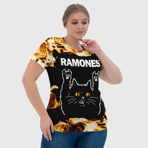 Женская футболка 3D с принтом Ramones рок кот и огонь, фото #4