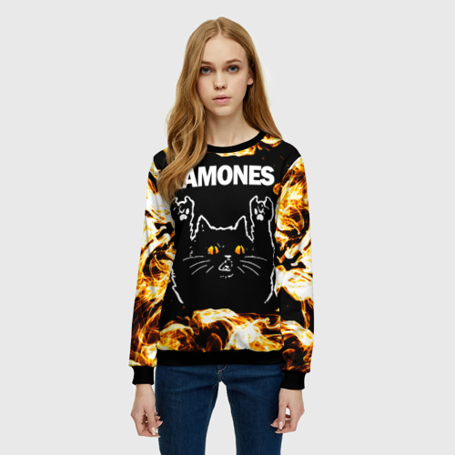 Женский свитшот 3D Ramones рок кот и огонь, цвет 3D печать - фото 3