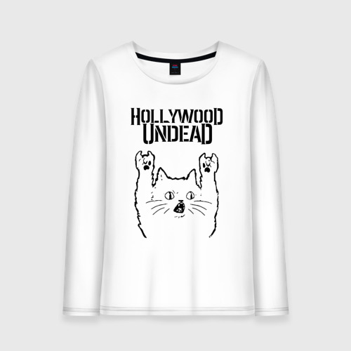 Женский лонгслив хлопок с принтом Hollywood Undead - rock cat, вид спереди #2