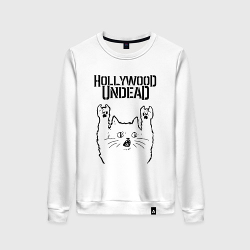 Женский свитшот хлопок с принтом Hollywood Undead - rock cat, вид спереди #2