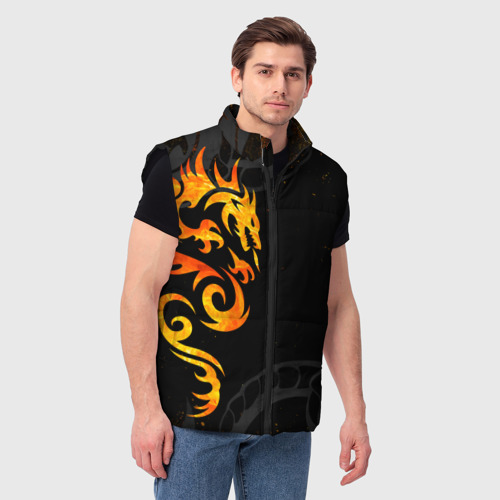 Мужской жилет утепленный 3D с принтом Пламенный дракон, фото на моделе #1