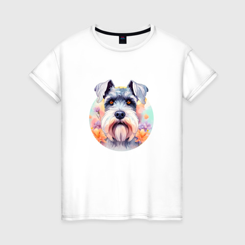 Женская футболка из хлопка с принтом Собака в цветах, вид спереди №1