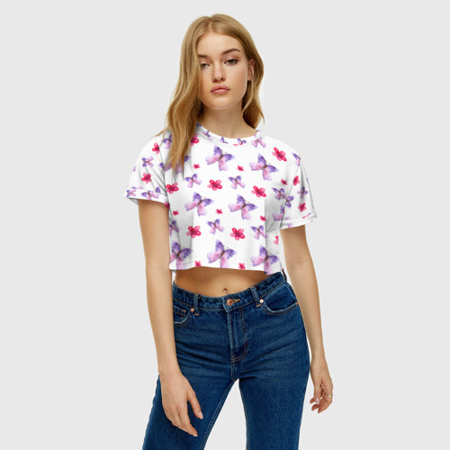Женская футболка Crop-top 3D Spring butterflies, цвет 3D печать - фото 3