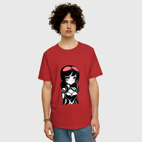 Мужская футболка хлопок Oversize с принтом Серьезная девушка с красными волосами, фото на моделе #1